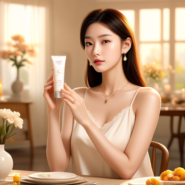 生活瞬间，美女，韩系美女，丝绸，美妆广告，家庭餐桌，4K超清，写实风格，温馨，柔和室内光，皮肤细腻，项链，耳环，手链。